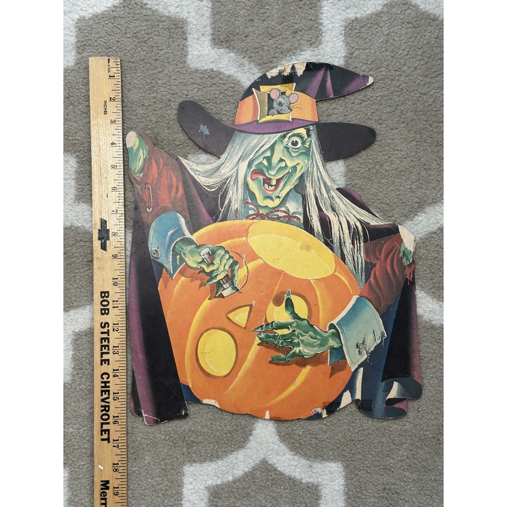 Vintage Dennison Halloween Witch Carving Pumpkin Die Cut Cardboard 16.5" Decor